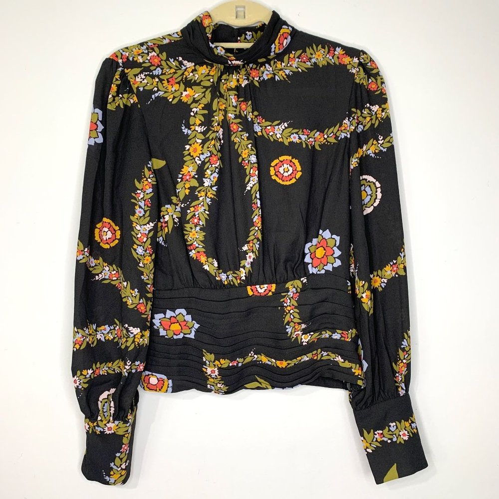 MODCLOTH 70s Inspired Chiffon Floral Mock‎ Neck Blouse Sz M